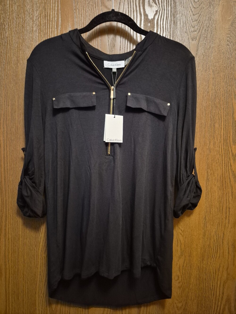 NWT Calvin Klein Black Zip-Front Roll-Sleeve Tunic W/Goldtone Hardware Size S
